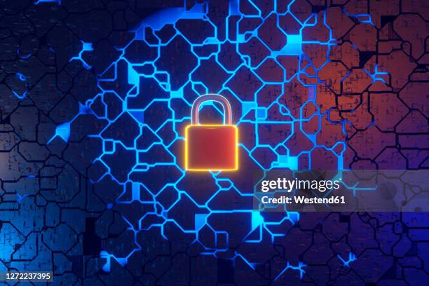 three dimensional render of padlock and circuit board symbolizing data security - data protection concept stock illustrations