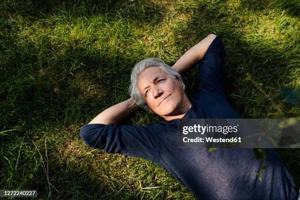 confident smiling man lying down in field - im gras liegen stock-fotos und bilder