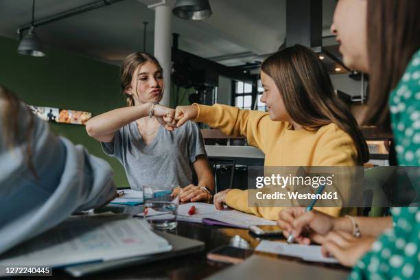 teenage girls studying together at home, doing fist bump - young girls homework stockfoto's en -beelden