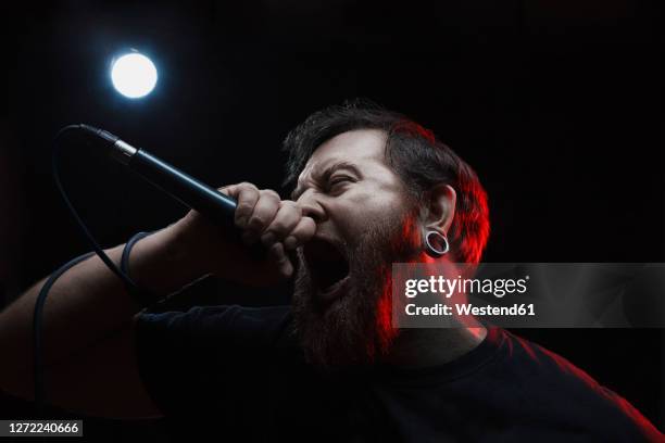 portrait of singing rocker - cantante rock foto e immagini stock