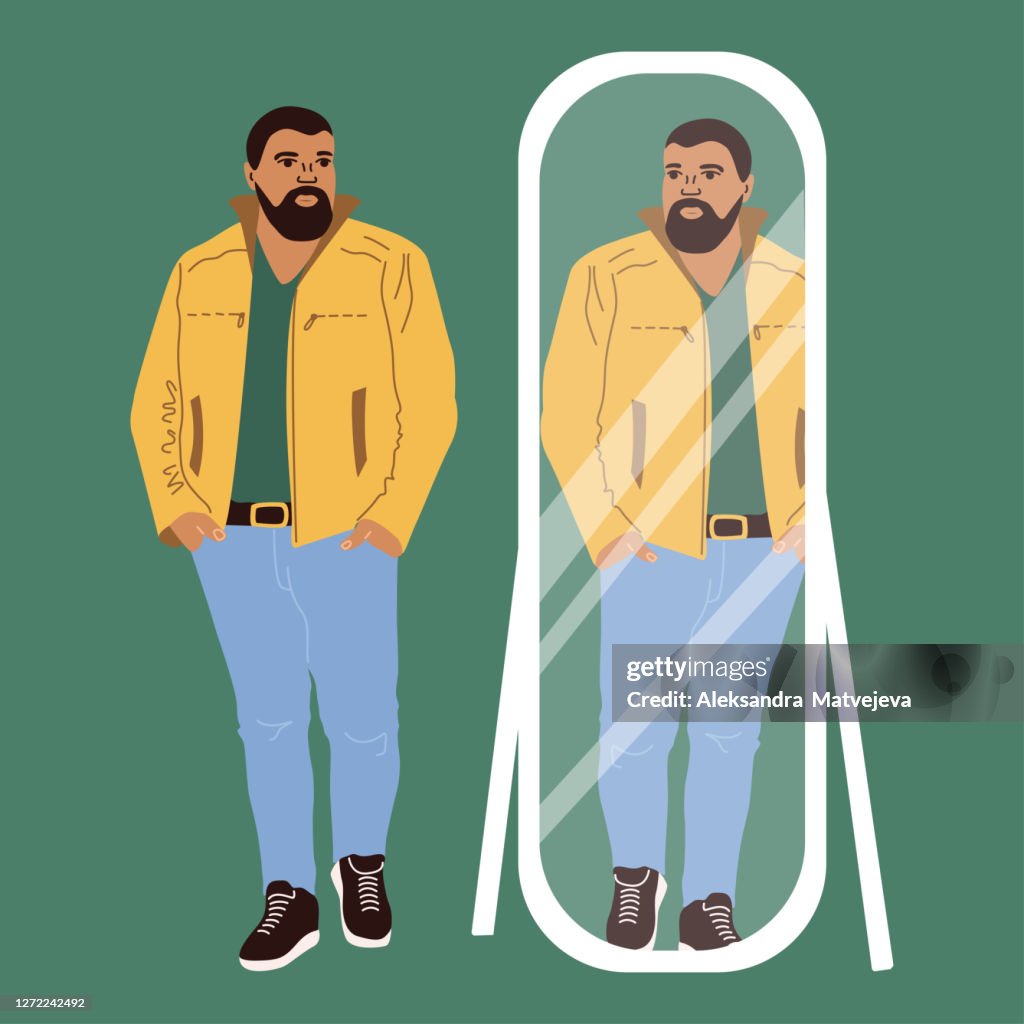 Vector illustration of a man with a beard in a jacket and jeans at the mirror.