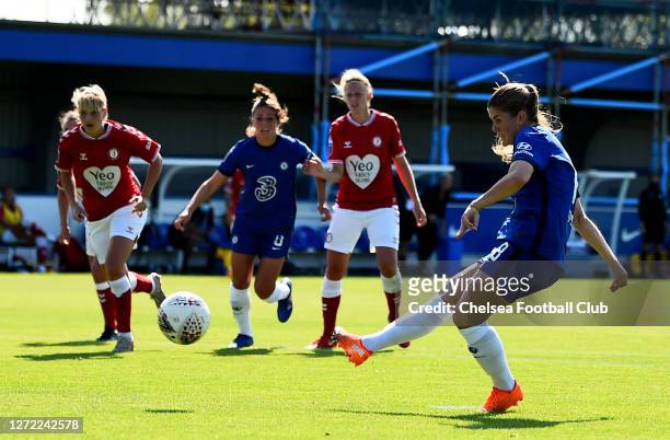 Maren Mjelde of Chelsea Women scores a goal during the Barclays FA Women's Super League match between Chelsea Women and Bristol City Women at...