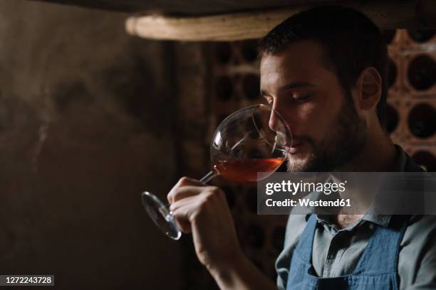 young bearded man drinking wine from glass at cellar - degustazione di vino foto e immagini stock