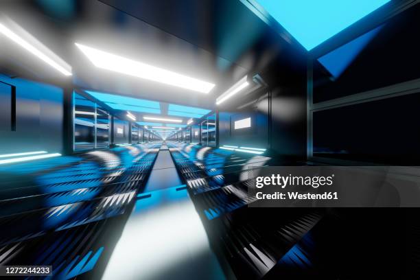 three dimensional render of long straight corridor inside spaceship or space station - space station interior stock illustrations