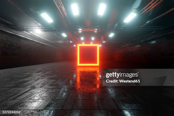 three dimensional render of red glowing square inside large warehouse - ungarn stock-grafiken, -clipart, -cartoons und -symbole
