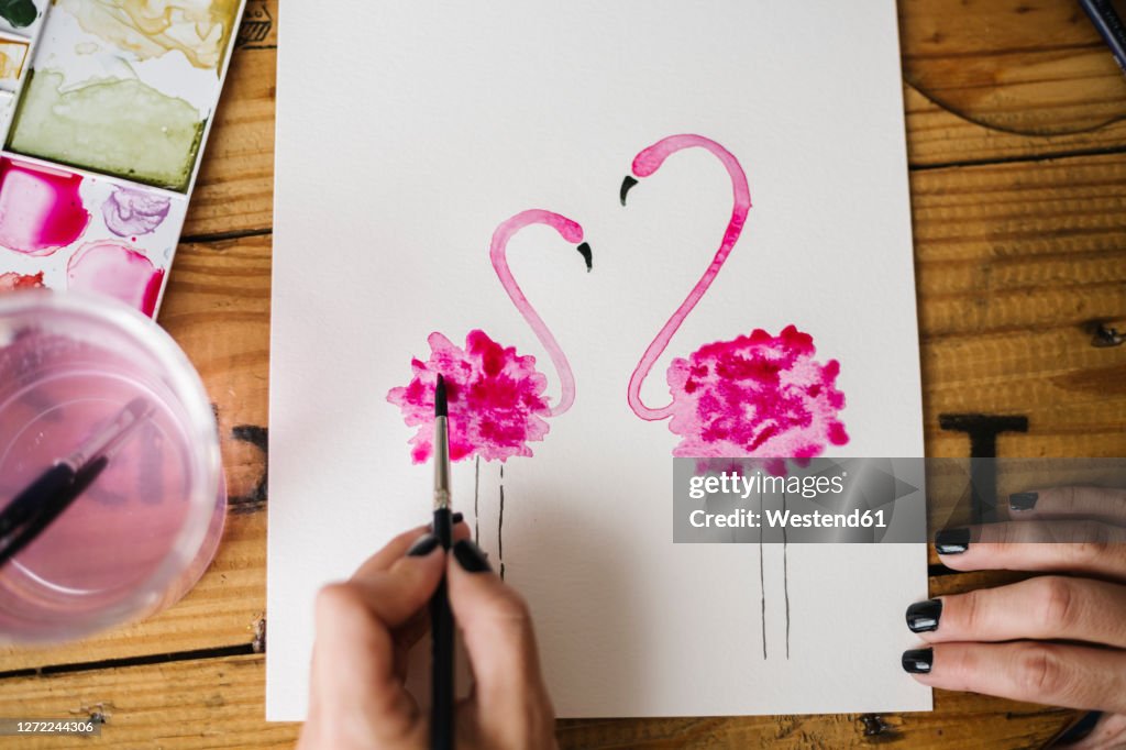 Close-up of woman hand painting flamingo animal on paper