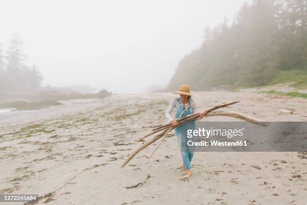 woman wearing hat carrying logs while walking at beach - driftwood stock pictures, royalty-free photos & images