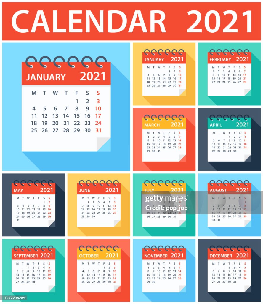 Calendar 2021 - Flat Modern Colorful. Week starts on Monday