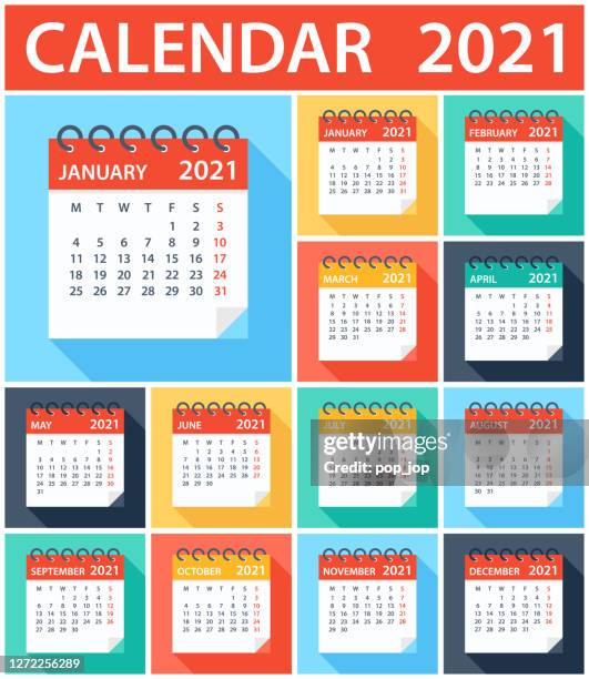 calendar 2021 - flat modern colorful. week starts on monday - 2021 calendar stock illustrations