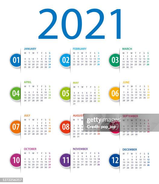 calendar template 2021. tag bookmarks. week statrs on monday - august 2021 stock illustrations