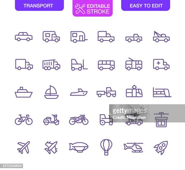 illustrazioni stock, clip art, cartoni animati e icone di tendenza di icone linea di trasporto imposta tratto modificabile - moped