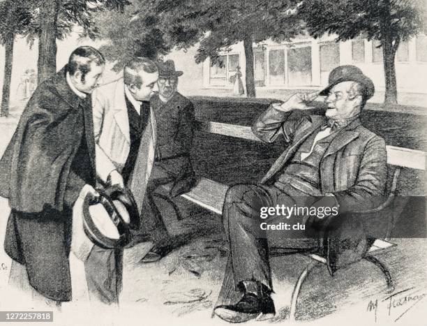 lawyers greet the new, still unemployed lawyer on a park bench - lawyer cartoons stock illustrations
