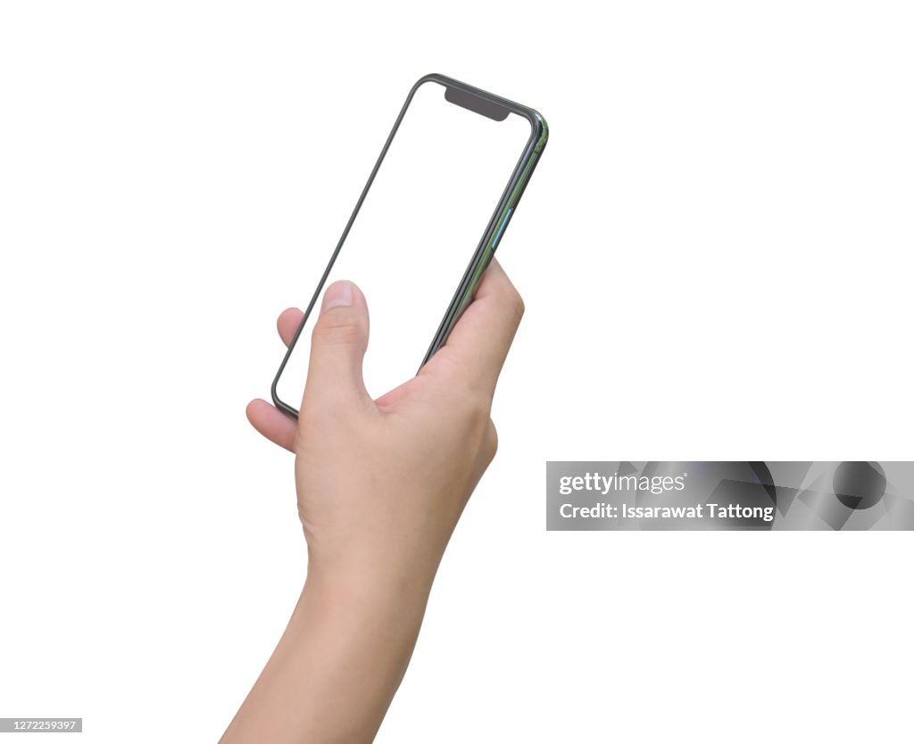Close up hand hold phone isolated on white, mock-up smartphone white color blank screen