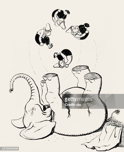 junger elefant spielt mit menschlichen puppen - white elephant stock-grafiken, -clipart, -cartoons und -symbole