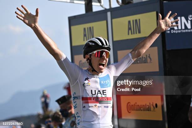 Arrival / Tadej Pogacar of Slovenia and UAE Team Emirates White Best Young Rider Jersey /Celebration / during the 107th Tour de France 2020, Stage 15...