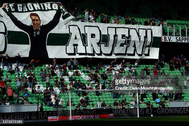 Captain, Arjen Robben of Football Club Groningen has a sign hung in the stadium from the fans saying Welcome Home Arjen prior to the Dutch Eredivisie...