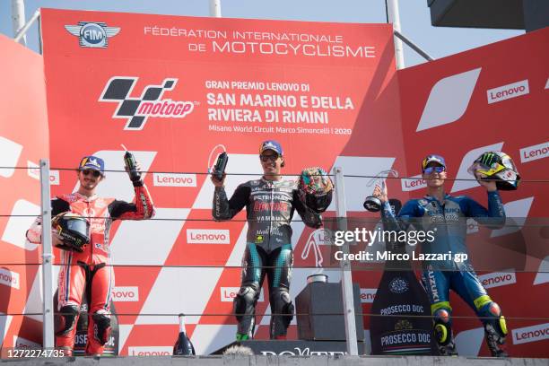 Francesco Bagnaia of Italy and Pramac Racing, Franco Morbidelli of Italy and Petronas Yamaha SRT and Joan Mir of Spain and Team Suzuki ECSTAR...