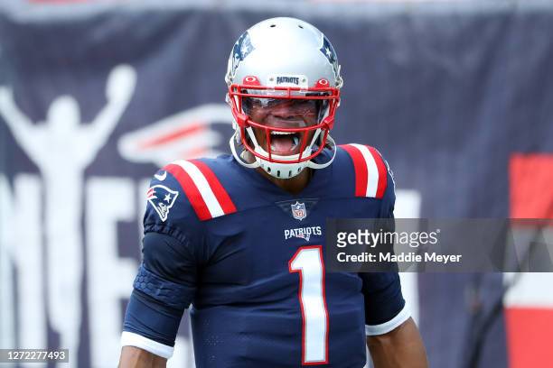 Cam Newton of the New England Patriots reacts before the game against the Miami Dolphins at Gillette Stadium on September 13, 2020 in Foxborough,...
