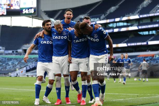 Dominic Calvert-Lewin of Everton celebrates with Andre Gomes, Richarlison, James Rodriguez and Yerry Mina of Everton after scoring his team's first...