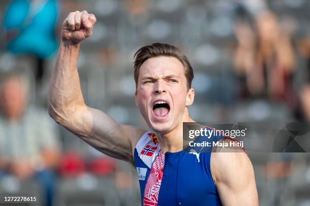 Karsten Warholm of Norway reacts prior competing at 400m Hurdles Men during the ISTAF 2020 athletics meeting at Olympiastadion on September 13, 2020...