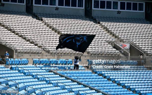 Carolina Panthers mascot Sir Purr waves a flag in the empty seats during the first quarter against the Las Vegas Raiders at Bank of America Stadium...