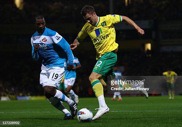 Anthony Pilkington of Norwich runs past Titus Bramble of Sunderland during the Barclay's premier league match between Norwich and Sunderland at...