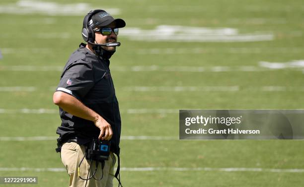 Head coach Matt Rhule of the Carolina Panthers watches his team play against the Las Vegas Raiders during the second quarter at Bank of America...