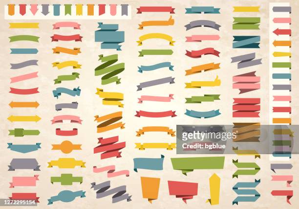 ilustrações de stock, clip art, desenhos animados e ícones de set of colorful vintage ribbons, banners, badges, labels - design elements on retro background - texto