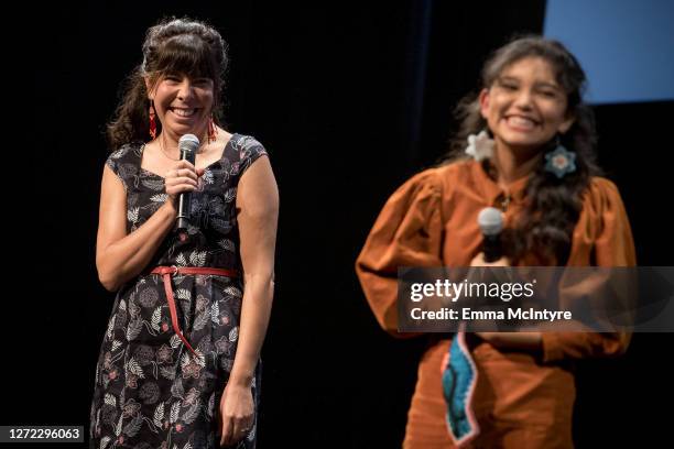 Tracey Deer and Kiawentiio speak onstage at the 2020 Toronto International Film Festival screening of 'Beans' at TIFF Bell Lightbox on September 13,...