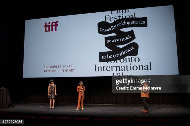 Tracey Deer, Kiawentiio and Ravi Srinivassan speak onstage at the 2020 Toronto International Film Festival screening of 'Beans' at TIFF Bell Lightbox...
