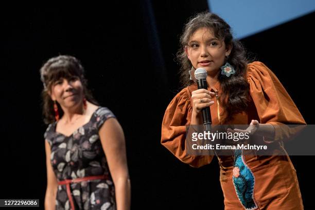 Tracey Deer and Kiawentiio speak onstage at the 2020 Toronto International Film Festival screening of 'Beans' at TIFF Bell Lightbox on September 13,...