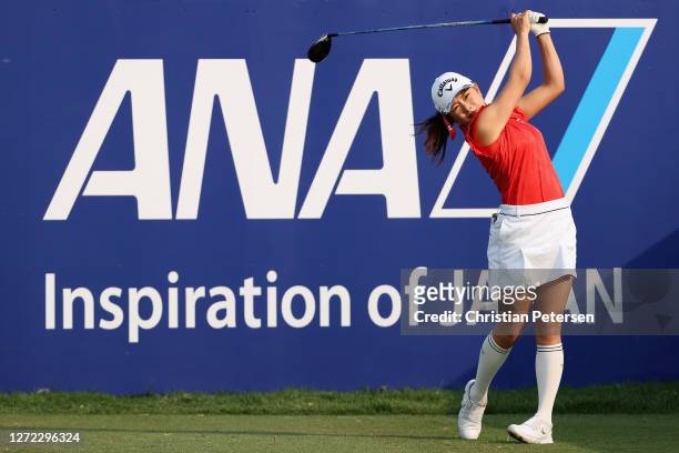 Yui Kawamoto of Japan plays a tee shot on the 10th hole during the final round of the ANA Inspiration on the Dinah Shore course at Mission Hills...