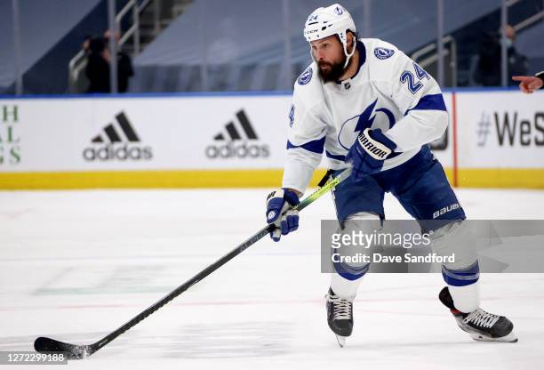 Zach Bogosian of the Tampa Bay Lightning skates the puck through the neutral zone in the first period of Game Four of the Eastern Conference Final of...