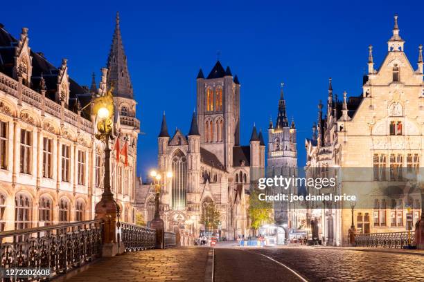 skyline, sint-michielsbrug, sint-niklaaskerk, het belfort van gent, ghent, belgium - gent belgien stock-fotos und bilder