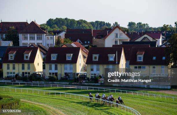 Runners and riders in action during the Grosse Woche 2020 at Rennplatz Iffezheim on September 13, 2020 in Baden-Baden, Germany.