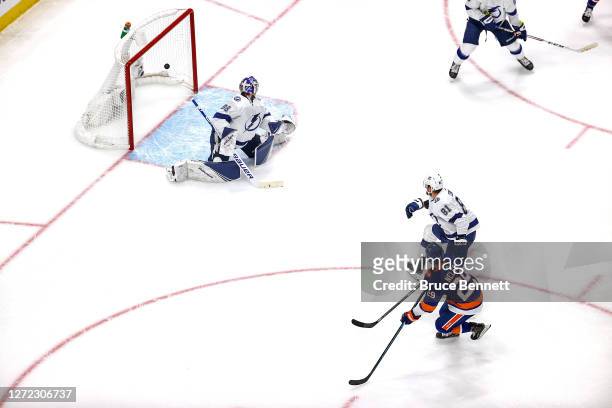 Brock Nelson of the New York Islanders scores a goal past Andrei Vasilevskiy of the Tampa Bay Lightning during the second period in Game Four of the...
