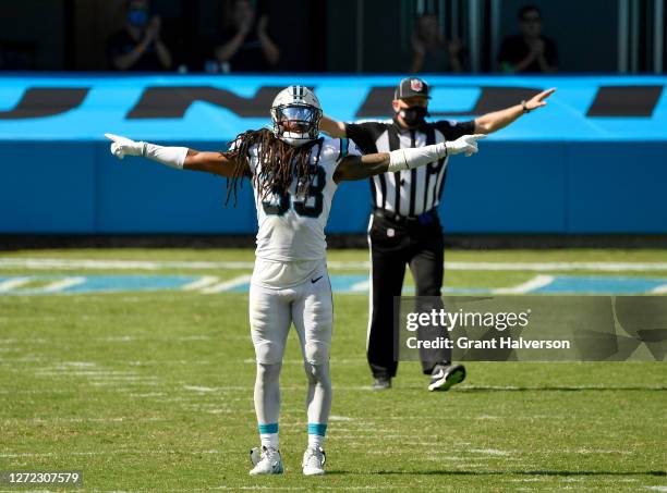 Tre Boston of the Carolina Panthers reacts after a defensive play on a pass attempt against the Las Vegas Raiders at Bank of America Stadium on...