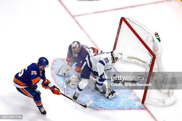 Blake Coleman of the Tampa Bay Lightning scores a goal past Semyon Varlamov of the New York Islanders during the second period in Game Four of the...