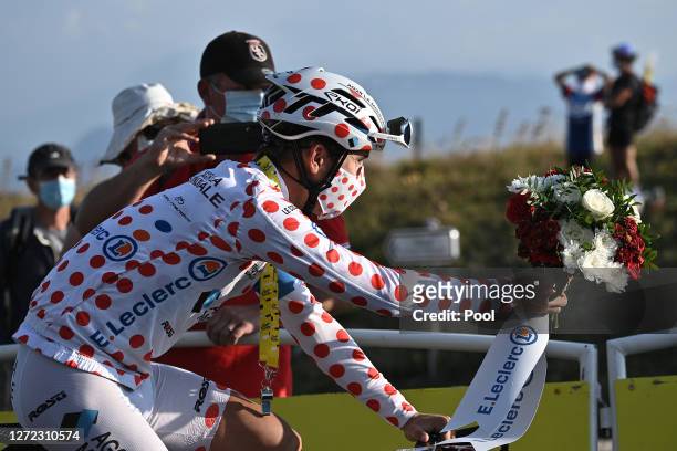Podium / Benoit Cosnefroy of France and Team Ag2R La Mondiale Polka Dot Mountain Jersey / Flowers / Celebration / during the 107th Tour de France...