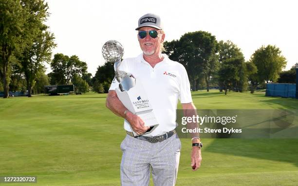 Miguel Angel Jimenez poses with the trophy after winning the Sanford International at Minnehaha Country Club on September 13, 2020 in Sioux Falls,...