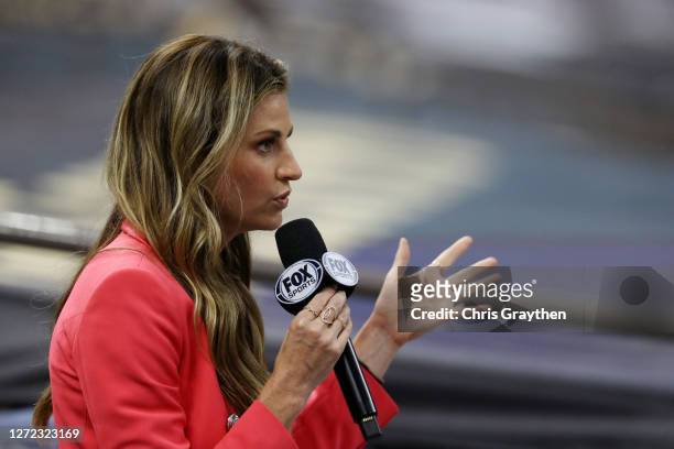 Fox Sports sideline reporter Erin Andrews talks on camera during the fourth quarter of a game between the New Orleans Saints and the Tampa Bay...