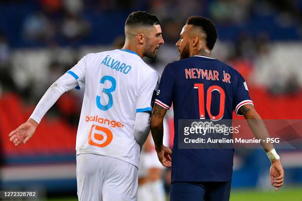 Neymar Jr of Paris Saint-Germain confronts Alvaro of Olympique de Marseille during the Ligue 1 match between Paris Saint-Germain and Olympique...