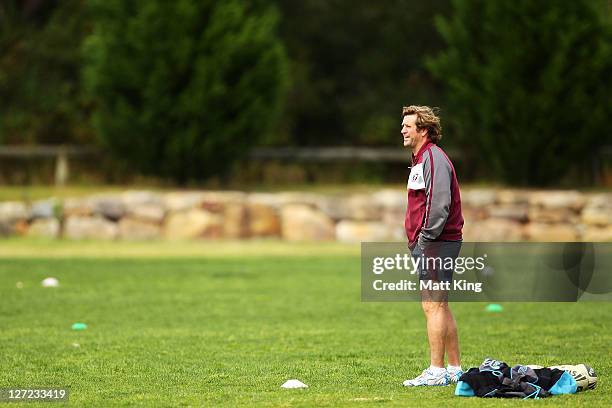 Sea Eagles coach Des Hasler looks on during a Manly Warringah Sea Eagles NRL training session at the Sydney Acadmey of Sport on September 27, 2011 in...