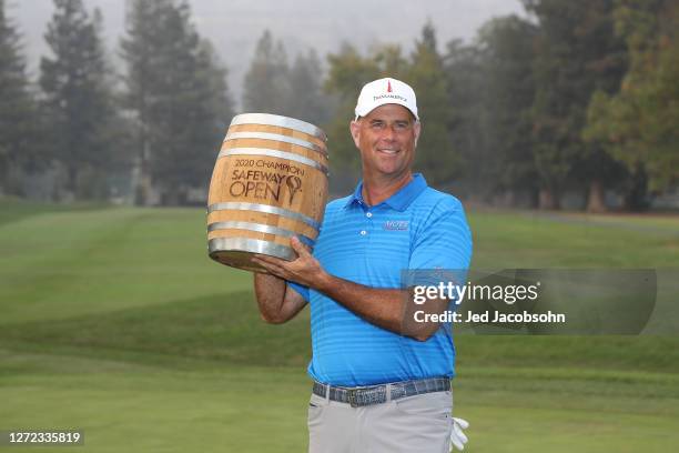 Stewart Cink celebrates with the trophy after winning the Safeway Open at Silverado Resort on September 13, 2020 in Napa, California.