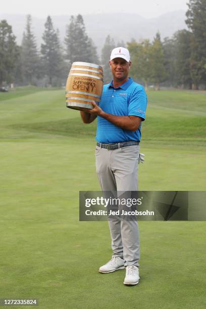 Stewart Cink celebrates with the trophy after winning the Safeway Open at Silverado Resort on September 13, 2020 in Napa, California.