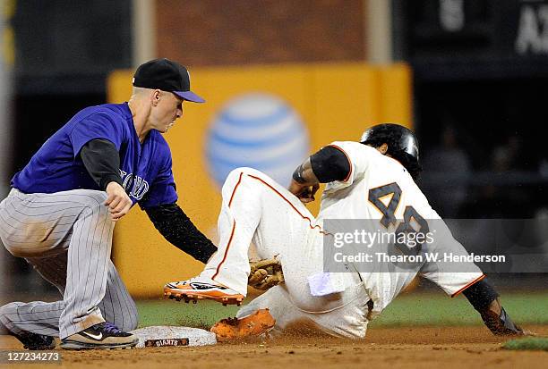 Pablo Sandoval is caught stealing, tagged out by Mark Ellis of the Colorado Rockies in the sixth inning during an MLB baseball game at AT&T Park on...