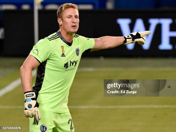 Goalkeeper Tim Melia of Sporting Kansas City directs his teammates against the Minnesota United FC in the second half at Children's Mercy Park on...