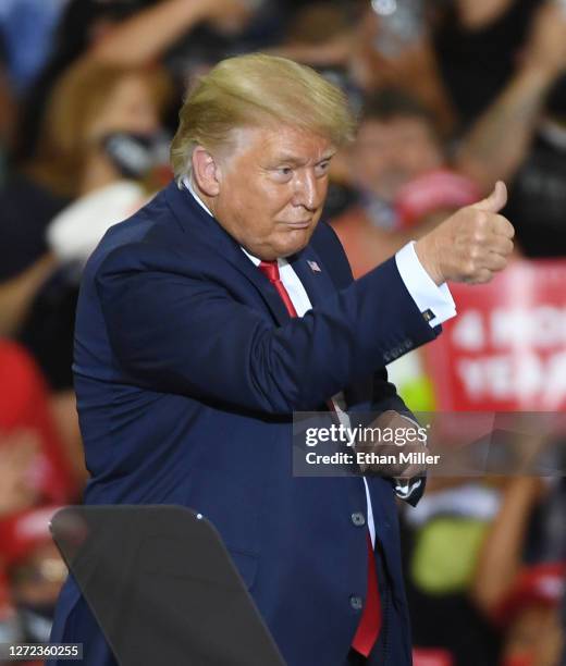 President Donald Trump gives a thumbs-up after speaking at a campaign event at Xtreme Manufacturing on September 13, 2020 in Henderson, Nevada....