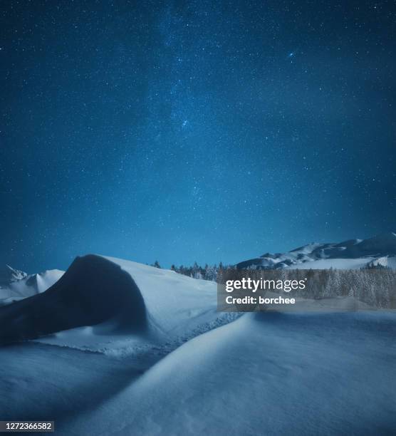 winter night in the mountains - snow top mountain pine tree stock pictures, royalty-free photos & images