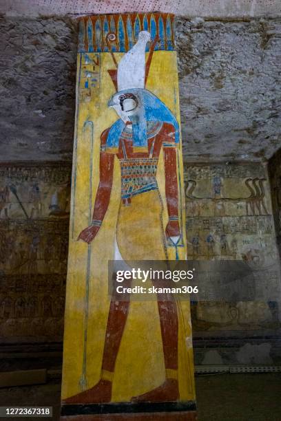 ruin stone carving god horus and osiris , anubis at tombs in valley of the kings at luxor near nile river egypt - horus stock pictures, royalty-free photos & images